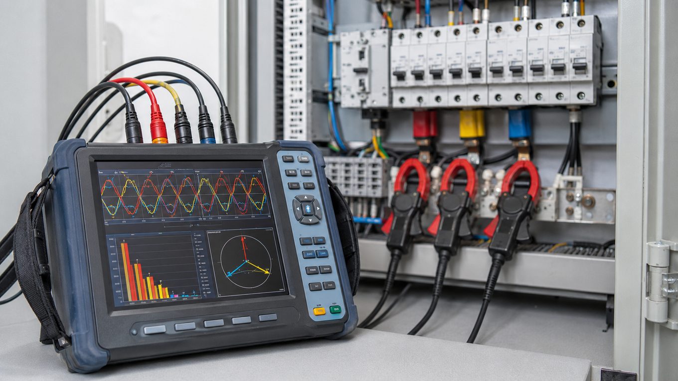 Power-Quality-Messgerät mit Stromzangen an der Verteilung, Display mit Wellenformen, Oberschwingungsspektrum und Zeigerdiagramm